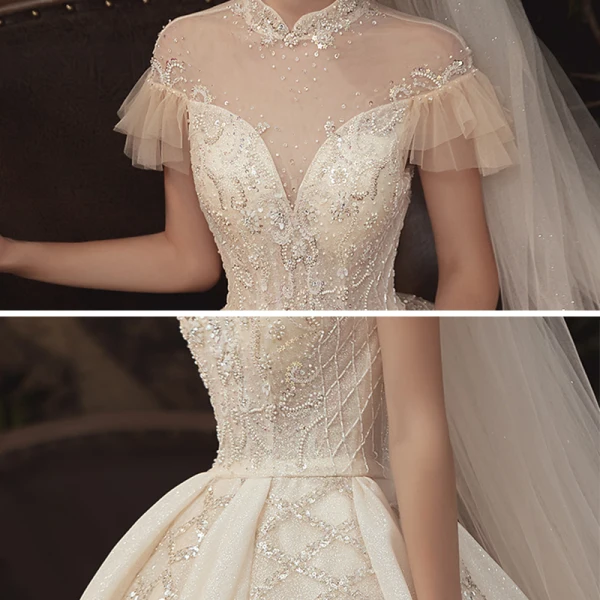 Haut de Gamme Champagne Transparentes Robe De Mariée 2020 Robe Boule Col Haut Manches Courtes Dos Nu Fait main Perlage Glitter Tulle Royal Train