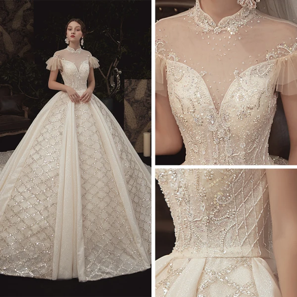 Haut de Gamme Champagne Transparentes Robe De Mariée 2020 Robe Boule Col Haut Manches Courtes Dos Nu Fait main Perlage Glitter Tulle Royal Train