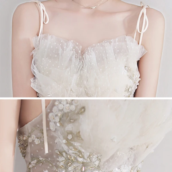 Charmant Champagne Robe De Soirée 2020 Princesse Bretelles Spaghetti Sans Manches Tachetée Tulle Appliques En Dentelle Perlage Longue Volants Dos Nu Robe De Ceremonie