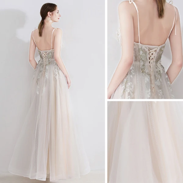 Charmant Champagne Robe De Soirée 2020 Princesse Bretelles Spaghetti Sans Manches Tachetée Tulle Appliques En Dentelle Perlage Longue Volants Dos Nu Robe De Ceremonie