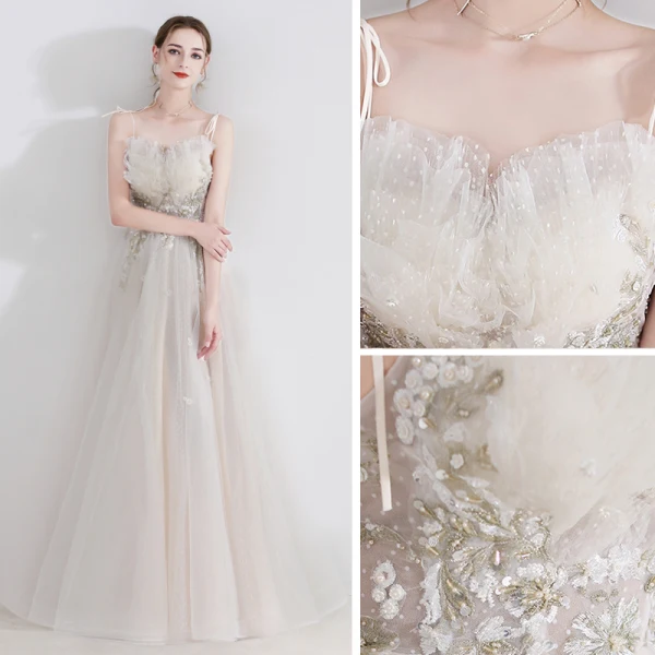 Charmant Champagne Robe De Soirée 2020 Princesse Bretelles Spaghetti Sans Manches Tachetée Tulle Appliques En Dentelle Perlage Longue Volants Dos Nu Robe De Ceremonie