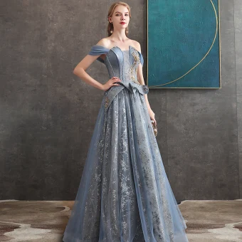 Élégant Océan Bleu Robe De Soirée 2020 Princesse De L 039 Épaule Manches Courtes Perlage Glitter Tulle Longue Volants Dos Nu Robe De Ceremonie