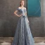 Eleganta Ocean Blå Aftonklänningar 2020 Prinsessa Av Axeln Korta ärm Beading Glittriga / Glitter Tyll Långa Ruffle Halterneck Formella Klänningar