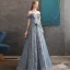 Eleganta Ocean Blå Aftonklänningar 2020 Prinsessa Av Axeln Korta ärm Beading Glittriga / Glitter Tyll Långa Ruffle Halterneck Formella Klänningar