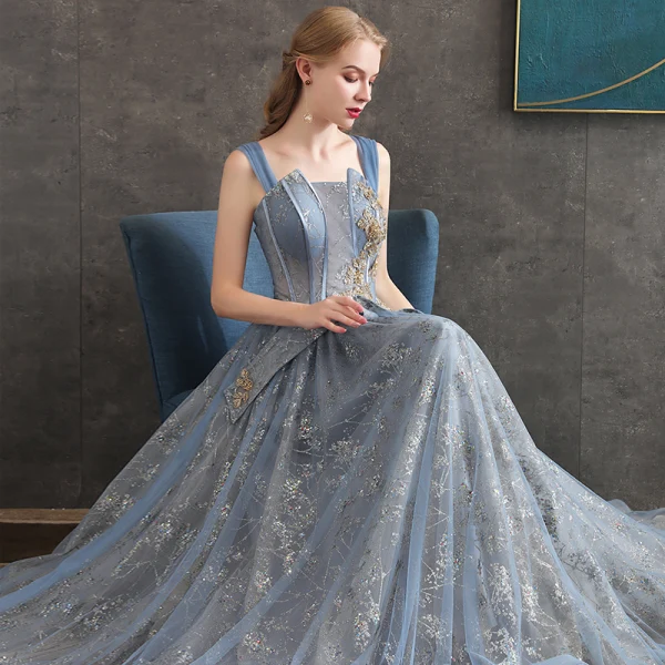 Eleganta Ocean Blå Aftonklänningar 2020 Prinsessa Av Axeln Korta ärm Beading Glittriga / Glitter Tyll Långa Ruffle Halterneck Formella Klänningar