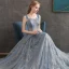 Eleganta Ocean Blå Aftonklänningar 2020 Prinsessa Av Axeln Korta ärm Beading Glittriga / Glitter Tyll Långa Ruffle Halterneck Formella Klänningar