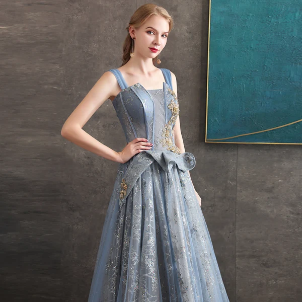 Eleganta Ocean Blå Aftonklänningar 2020 Prinsessa Av Axeln Korta ärm Beading Glittriga / Glitter Tyll Långa Ruffle Halterneck Formella Klänningar