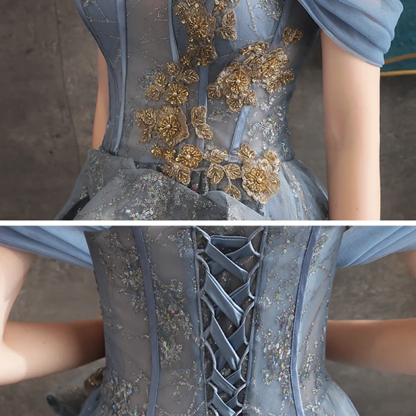Eleganta Ocean Blå Aftonklänningar 2020 Prinsessa Av Axeln Korta ärm Beading Glittriga / Glitter Tyll Långa Ruffle Halterneck Formella Klänningar