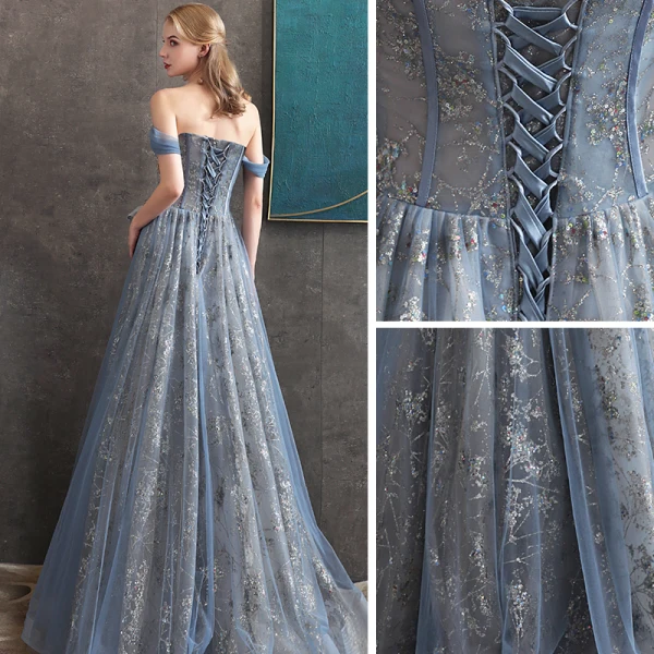 Eleganta Ocean Blå Aftonklänningar 2020 Prinsessa Av Axeln Korta ärm Beading Glittriga / Glitter Tyll Långa Ruffle Halterneck Formella Klänningar