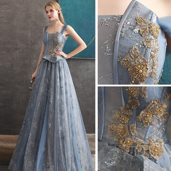 Eleganta Ocean Blå Aftonklänningar 2020 Prinsessa Av Axeln Korta ärm Beading Glittriga / Glitter Tyll Långa Ruffle Halterneck Formella Klänningar