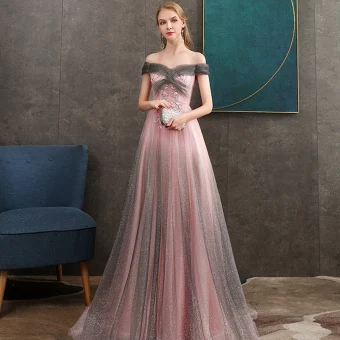 Elegante Grijs Candy Roze Avondjurken 2020 A Lijn Uit De Schouder Korte Mouwen Appliques Kant Kralen Glans Tule Lange Ruche Ruglooze Gelegenheid Jurken