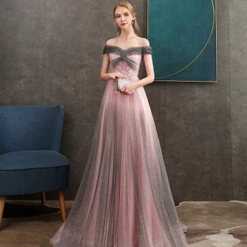 Elegant Grey Candy Pink Evening Dresses 2020 A Line Princess Off The Shoulder Short Sleeve Appliques Lace Beading Glitter Tulle Floor Length Long Ruffle Backless Formal Dresses