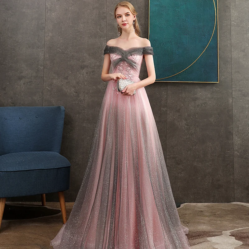 Elegant Grey Candy Pink Evening Dresses 2020 A Line Princess Off The  Shoulder Short Sleeve Appliques Lace Beading Glitter Tulle Floor Length  Long Ruffle Backless Formal Dresses