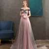 Elegant Grey Candy Pink Evening Dresses  2020 A-Line / Princess Off-The-Shoulder Short Sleeve Appliques Lace Beading Glitter Tulle Floor-Length / Long Ruffle Backless Formal Dresses