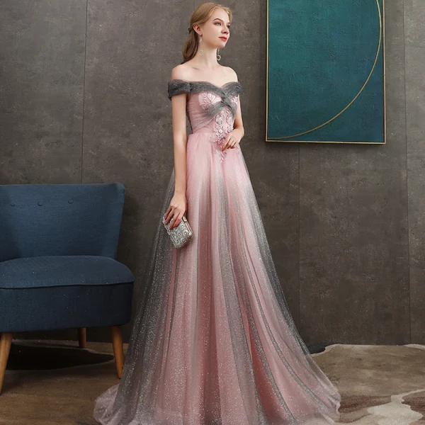 Elegant Grey Candy Pink Evening Dresses  2020 A-Line / Princess Off-The-Shoulder Short Sleeve Appliques Lace Beading Glitter Tulle Floor-Length / Long Ruffle Backless Formal Dresses