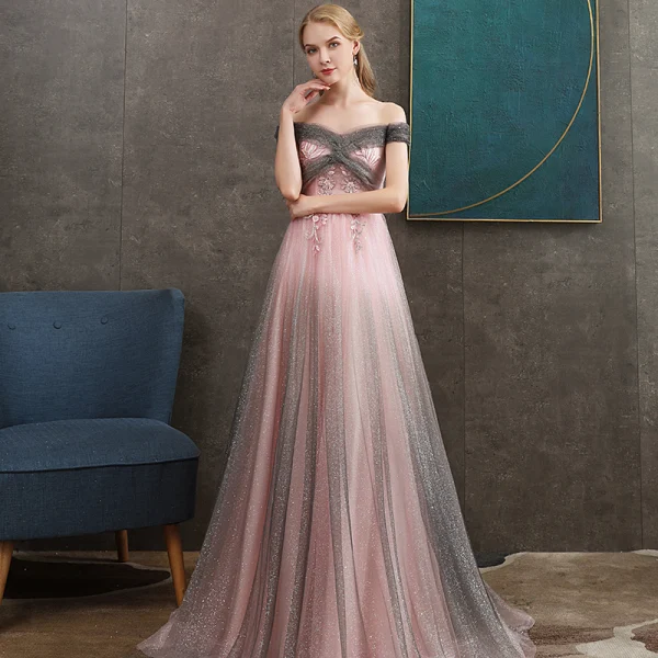 Elegant Grey Candy Pink Evening Dresses  2020 A-Line / Princess Off-The-Shoulder Short Sleeve Appliques Lace Beading Glitter Tulle Floor-Length / Long Ruffle Backless Formal Dresses