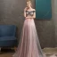 Elegant Grey Candy Pink Evening Dresses  2020 A-Line / Princess Off-The-Shoulder Short Sleeve Appliques Lace Beading Glitter Tulle Floor-Length / Long Ruffle Backless Formal Dresses