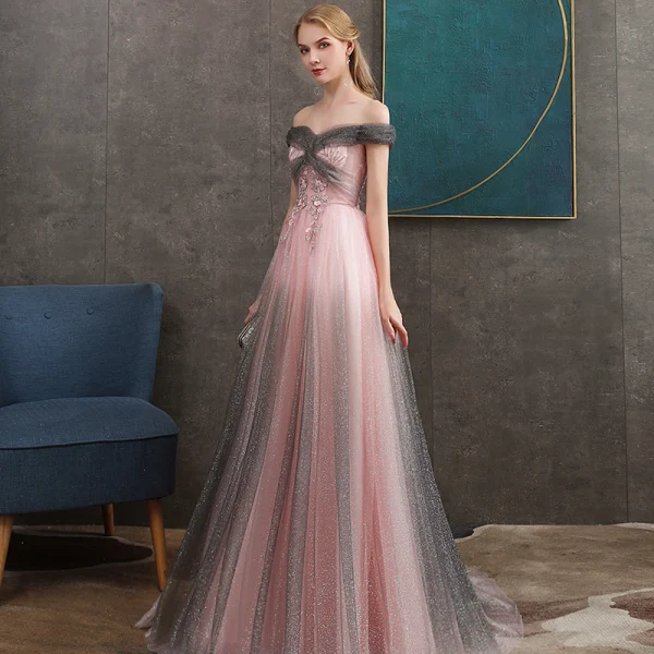 Elegant Grey Candy Pink Evening Dresses  2020 A-Line / Princess Off-The-Shoulder Short Sleeve Appliques Lace Beading Glitter Tulle Floor-Length / Long Ruffle Backless Formal Dresses
