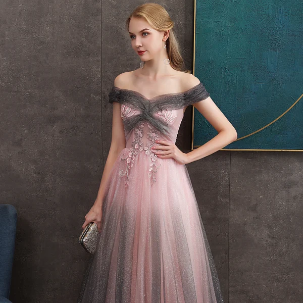 Elegant Grey Candy Pink Evening Dresses  2020 A-Line / Princess Off-The-Shoulder Short Sleeve Appliques Lace Beading Glitter Tulle Floor-Length / Long Ruffle Backless Formal Dresses