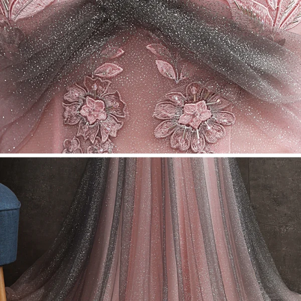 Elegant Grey Candy Pink Evening Dresses  2020 A-Line / Princess Off-The-Shoulder Short Sleeve Appliques Lace Beading Glitter Tulle Floor-Length / Long Ruffle Backless Formal Dresses