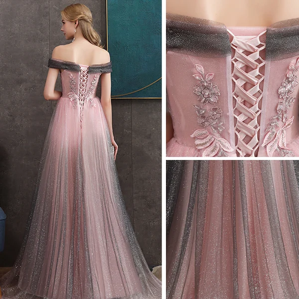 Elegant Grey Candy Pink Evening Dresses  2020 A-Line / Princess Off-The-Shoulder Short Sleeve Appliques Lace Beading Glitter Tulle Floor-Length / Long Ruffle Backless Formal Dresses