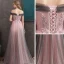 Elegant Grey Candy Pink Evening Dresses  2020 A-Line / Princess Off-The-Shoulder Short Sleeve Appliques Lace Beading Glitter Tulle Floor-Length / Long Ruffle Backless Formal Dresses