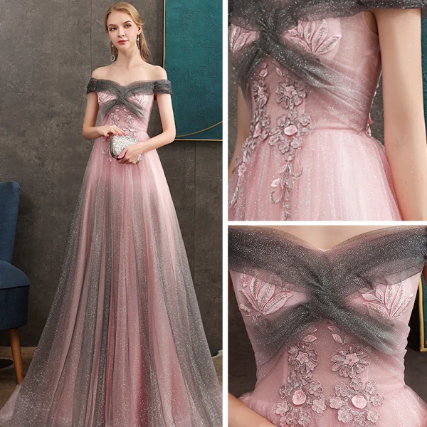 Elegant Grey Candy Pink Evening Dresses  2020 A-Line / Princess Off-The-Shoulder Short Sleeve Appliques Lace Beading Glitter Tulle Floor-Length / Long Ruffle Backless Formal Dresses