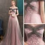 Elegant Grey Candy Pink Evening Dresses  2020 A-Line / Princess Off-The-Shoulder Short Sleeve Appliques Lace Beading Glitter Tulle Floor-Length / Long Ruffle Backless Formal Dresses