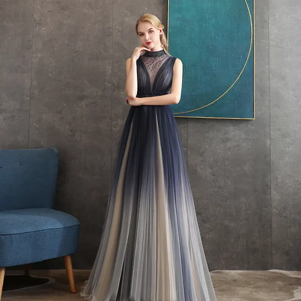 Illusion Navy Blue Gradient-Color See-through Evening Dresses  2020 A-Line / Princess High Neck Sleeveless Beading Sash Floor-Length / Long Ruffle Formal Dresses