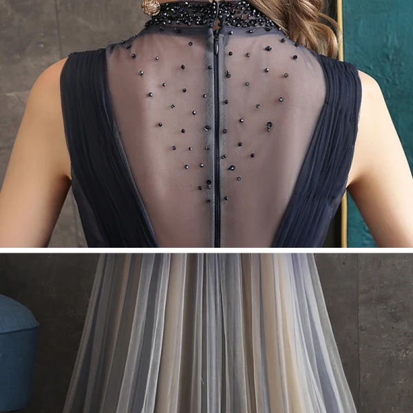 Illusion Mörk Marinblå Gradient-Färg Genomskinliga Aftonklänningar 2020 Prinsessa Hög Hals Ärmlös Beading Skärp Långa Ruffle Formella Klänningar