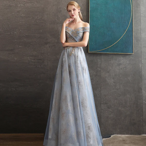 Chic / Belle Gris Bleu Ciel Robe De Soirée 2020 Princesse De l'épaule Manches Courtes Paillettes Glitter Appliques En Dentelle Longue Volants Dos Nu Robe De Ceremonie