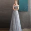 Chic / Belle Gris Bleu Ciel Robe De Soirée 2020 Princesse De l'épaule Manches Courtes Paillettes Glitter Appliques En Dentelle Longue Volants Dos Nu Robe De Ceremonie
