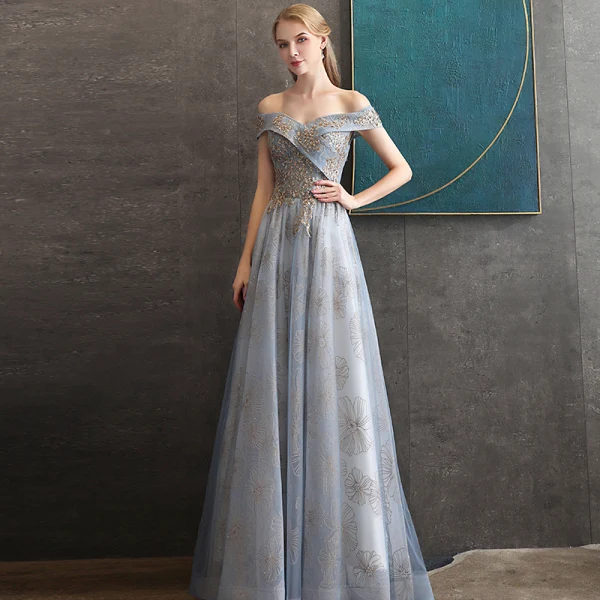 Chic / Belle Gris Bleu Ciel Robe De Soirée 2020 Princesse De l'épaule Manches Courtes Paillettes Glitter Appliques En Dentelle Longue Volants Dos Nu Robe De Ceremonie