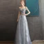 Chic / Belle Gris Bleu Ciel Robe De Soirée 2020 Princesse De l'épaule Manches Courtes Paillettes Glitter Appliques En Dentelle Longue Volants Dos Nu Robe De Ceremonie