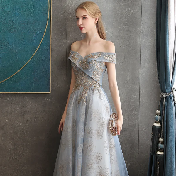 Chic / Belle Gris Bleu Ciel Robe De Soirée 2020 Princesse De l'épaule Manches Courtes Paillettes Glitter Appliques En Dentelle Longue Volants Dos Nu Robe De Ceremonie
