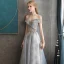 Chic / Belle Gris Bleu Ciel Robe De Soirée 2020 Princesse De l'épaule Manches Courtes Paillettes Glitter Appliques En Dentelle Longue Volants Dos Nu Robe De Ceremonie