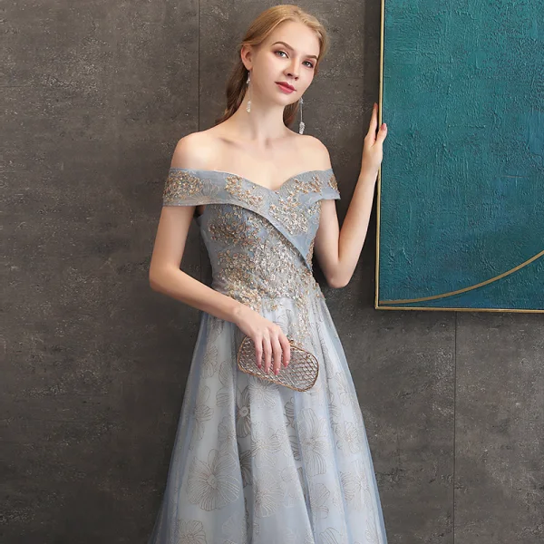 Chic / Belle Gris Bleu Ciel Robe De Soirée 2020 Princesse De l'épaule Manches Courtes Paillettes Glitter Appliques En Dentelle Longue Volants Dos Nu Robe De Ceremonie
