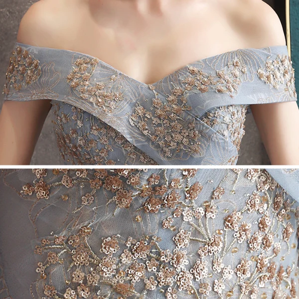 Chic / Belle Gris Bleu Ciel Robe De Soirée 2020 Princesse De l'épaule Manches Courtes Paillettes Glitter Appliques En Dentelle Longue Volants Dos Nu Robe De Ceremonie