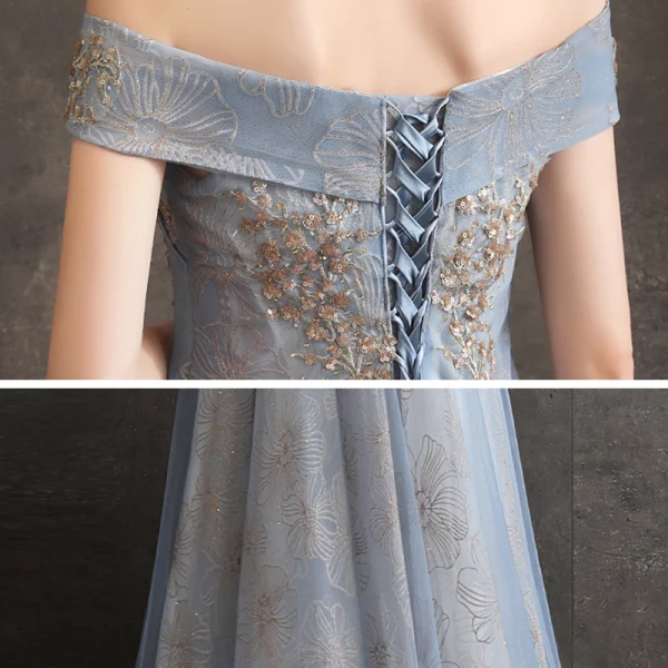 Chic / Belle Gris Bleu Ciel Robe De Soirée 2020 Princesse De l'épaule Manches Courtes Paillettes Glitter Appliques En Dentelle Longue Volants Dos Nu Robe De Ceremonie