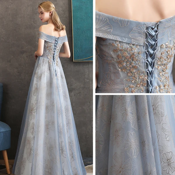 Chic / Belle Gris Bleu Ciel Robe De Soirée 2020 Princesse De l'épaule Manches Courtes Paillettes Glitter Appliques En Dentelle Longue Volants Dos Nu Robe De Ceremonie