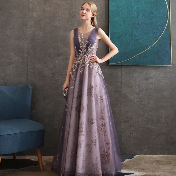 Illusion Grape Transparentes Robe De Soirée 2020 Princesse Encolure Dégagée Sans Manches Paillettes Perlage Longue Volants Robe De Ceremonie