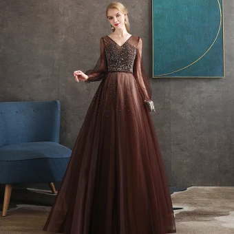 Best Brown Evening Dresses 2020 A Line Princess V Neck Puffy Long Sleeve Beading Floor Length Long Backless Formal Dresses