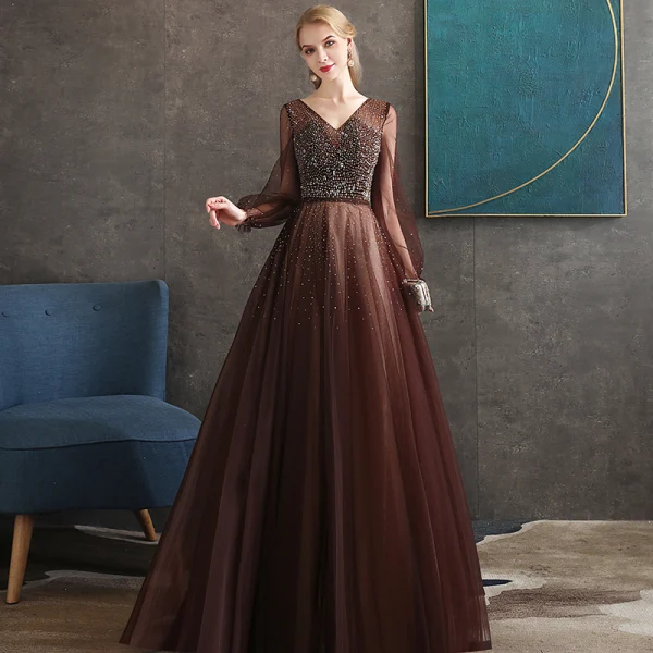 Best Brown Evening Dresses 2020 A-Line / Princess V-Neck Puffy Long Sleeve Beading Floor-Length / Long Backless Formal Dresses
