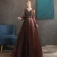 Best Brown Evening Dresses  2020 A-Line / Princess V-Neck Puffy Long Sleeve Beading Floor-Length / Long Backless Formal Dresses