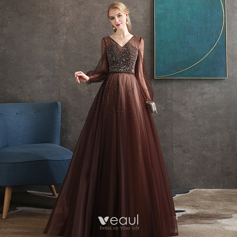 Veaul Best Brown Evening Dresses 2020 A Line Princess V Neck Puffy Long Sleeve Beading Long