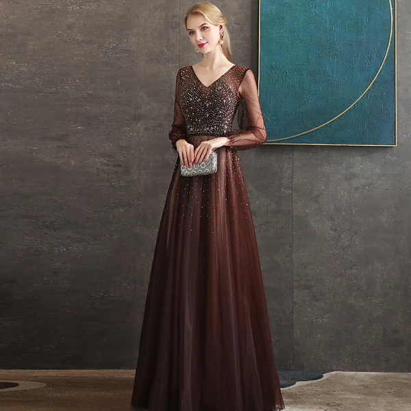 Best Brown Evening Dresses  2020 A-Line / Princess V-Neck Puffy Long Sleeve Beading Floor-Length / Long Backless Formal Dresses