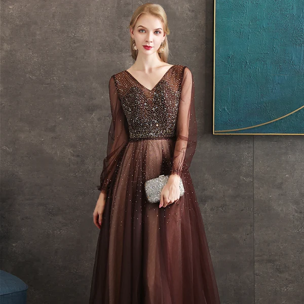 Best Brown Evening Dresses  2020 A-Line / Princess V-Neck Puffy Long Sleeve Beading Floor-Length / Long Backless Formal Dresses