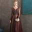 Best Brown Evening Dresses  2020 A-Line / Princess V-Neck Puffy Long Sleeve Beading Floor-Length / Long Backless Formal Dresses