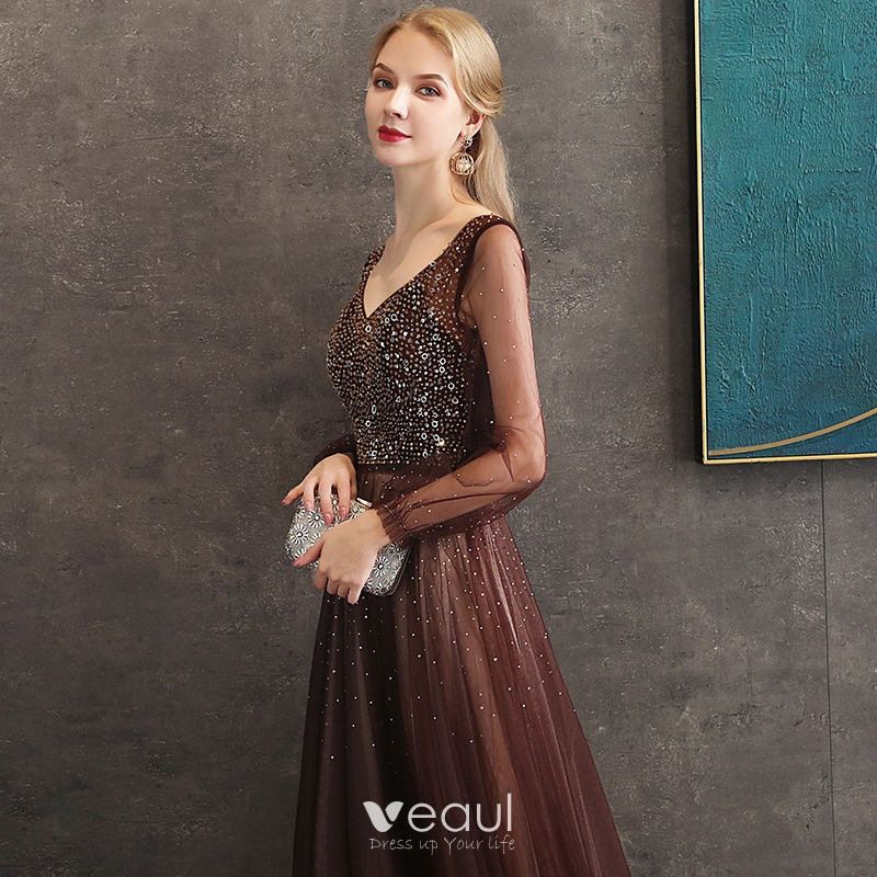 Best Brown Evening Dresses 2020 A-Line / Princess V-Neck Puffy Long Sleeve Beading Floor-Length / Long Backless Formal Dresses
