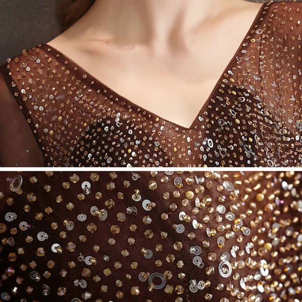 Best Brown Evening Dresses  2020 A-Line / Princess V-Neck Puffy Long Sleeve Beading Floor-Length / Long Backless Formal Dresses